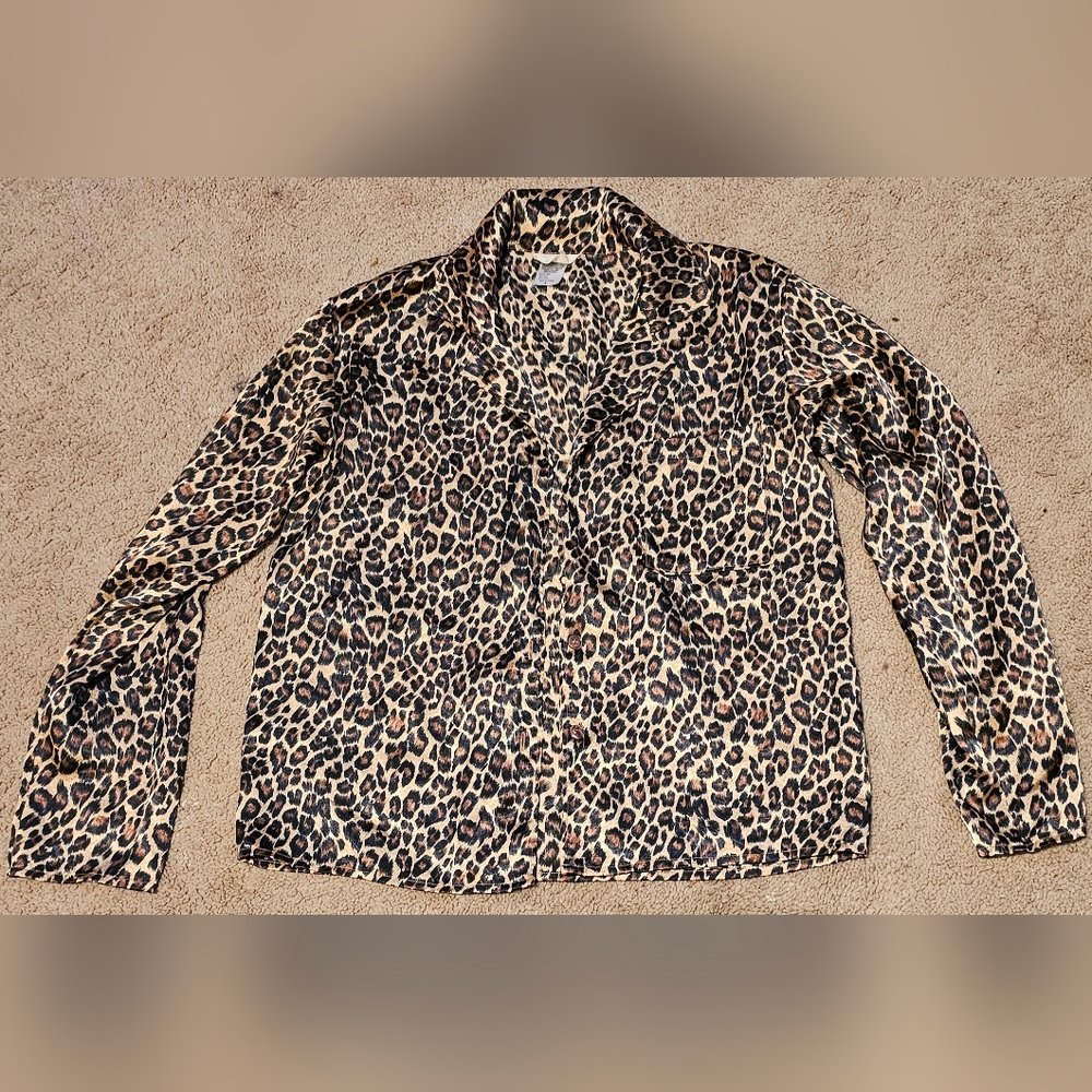 Womens Leopard Print Long Sleeve Satin Top